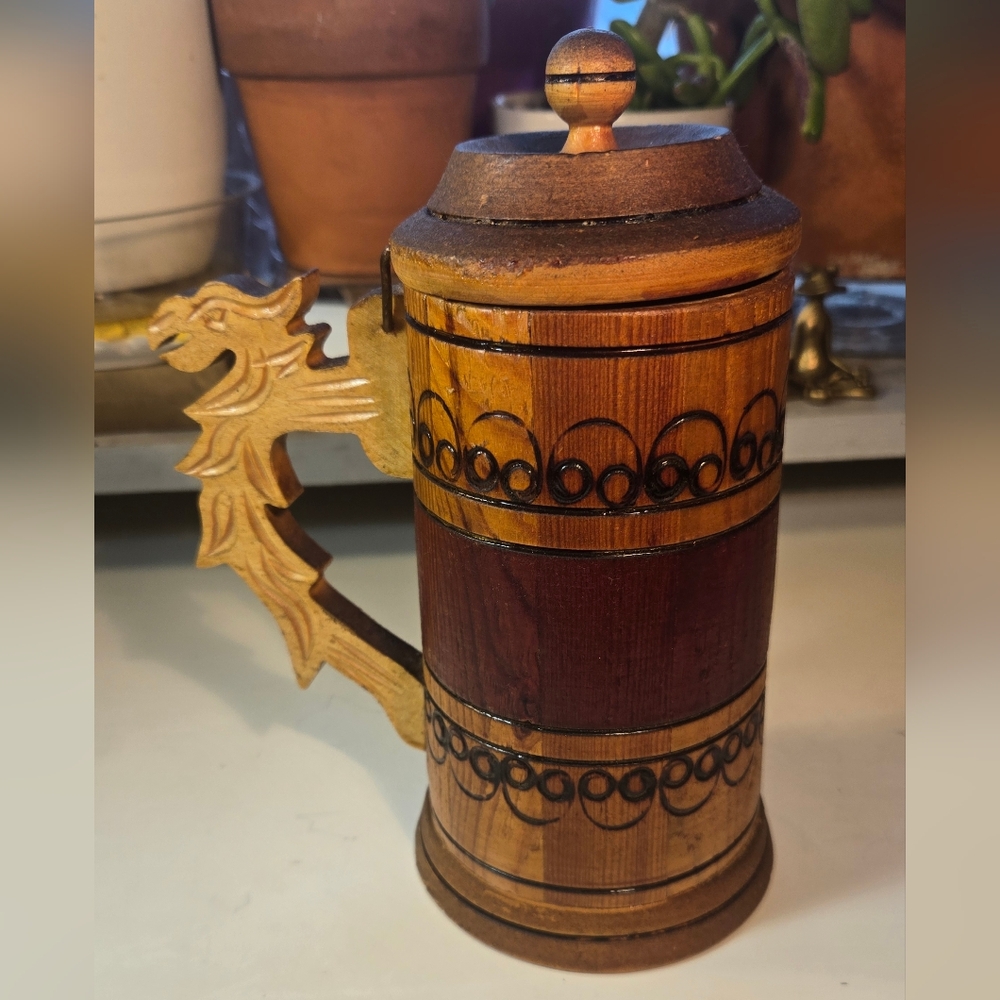 Wooden Beer Stein with Dragon Handle